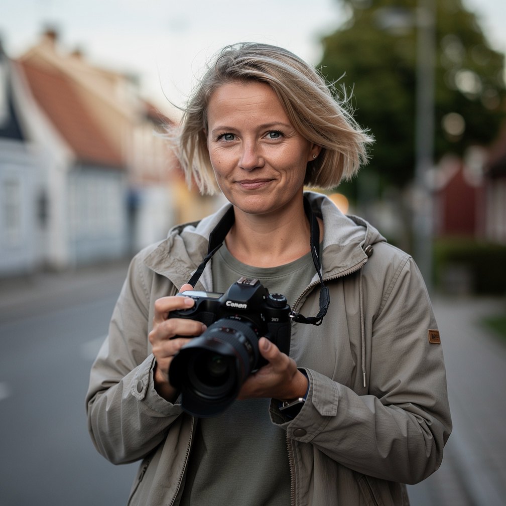 Portrait of a Danish female documentary photographer holding a camera